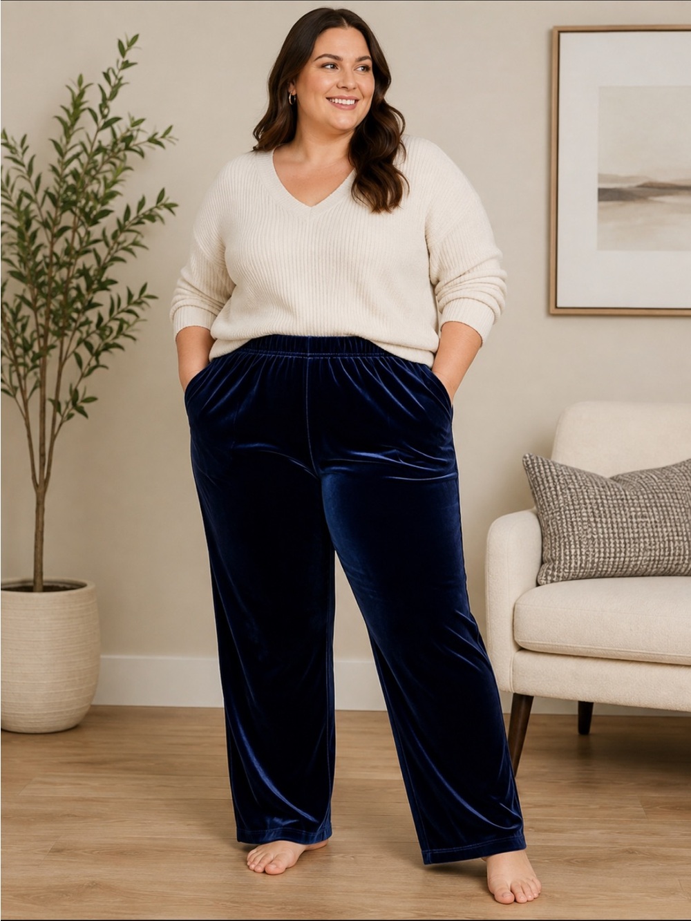 Lands’ End Women’s Navy Velvet Pants Size 18 XL – Stretch Pull-On with Pockets
